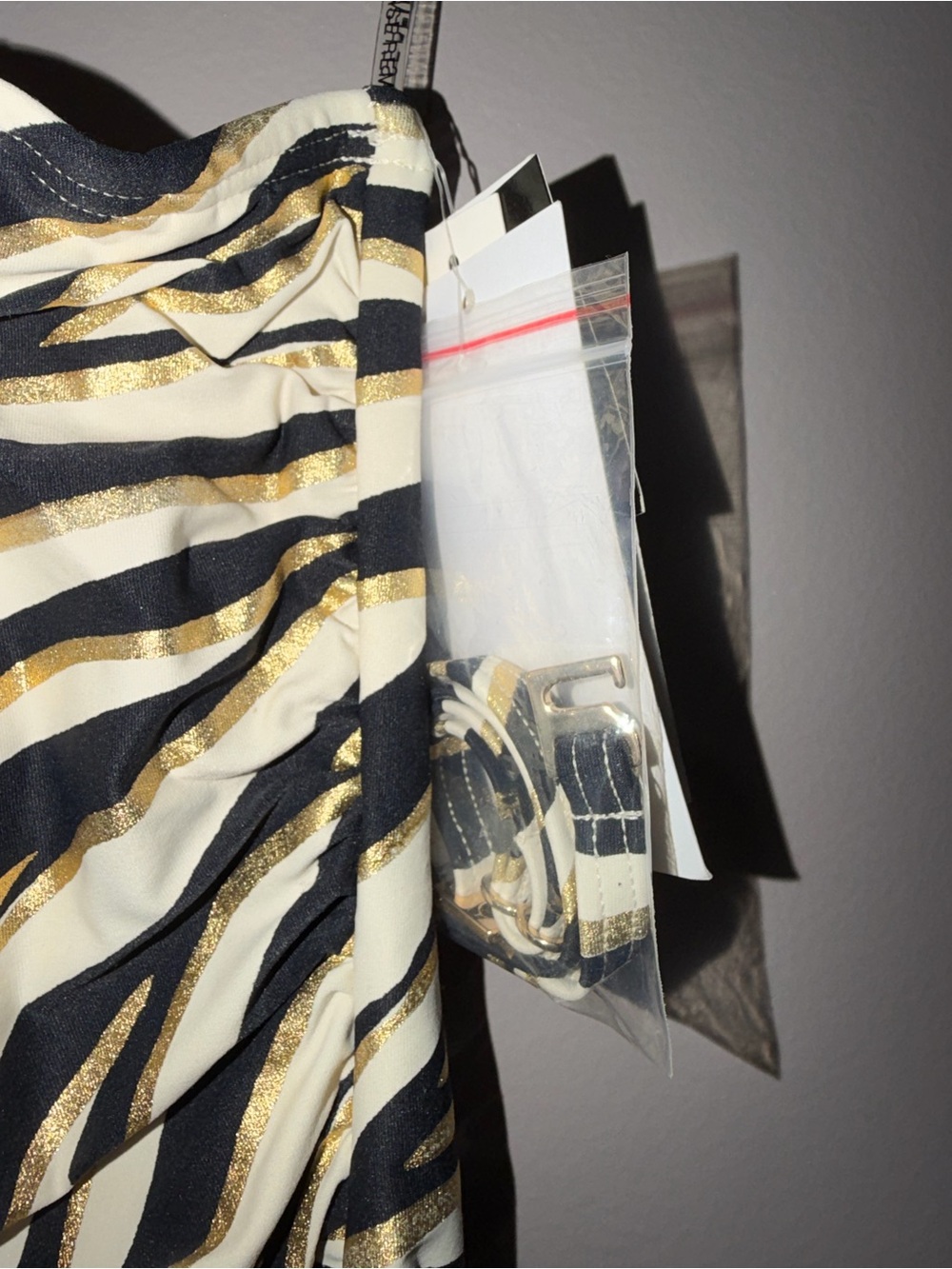 Michael Kors Black, White & Gold Zebra Stripe One-Shoulder Swimsuit - Picture 5 of 9